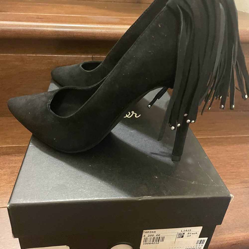 Amika Black Fringe Heels
